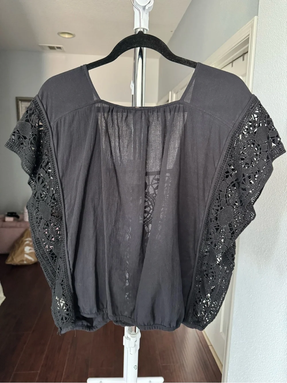 Free People Black Crochet-Panel Short-Sleeve Top